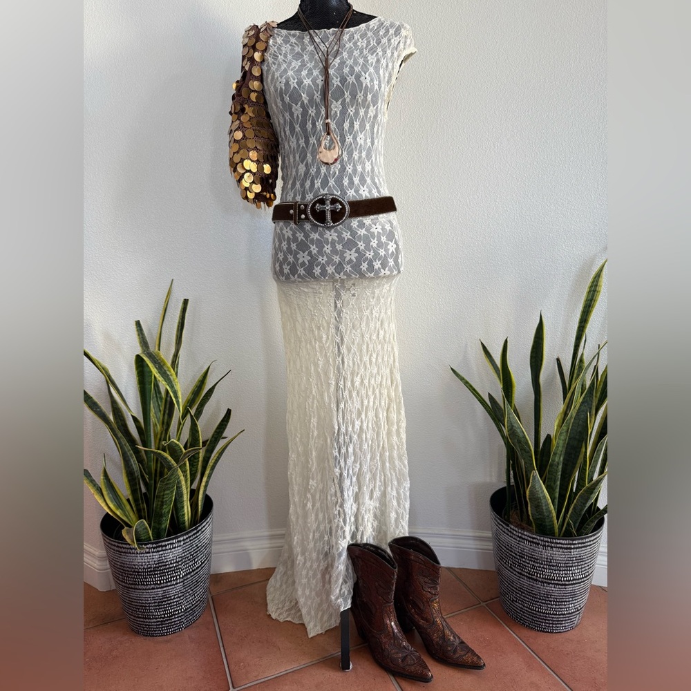 Zara Cream Asymmetic Lace Semi-Sheer Stretch Boho Maxi Dress Size Small